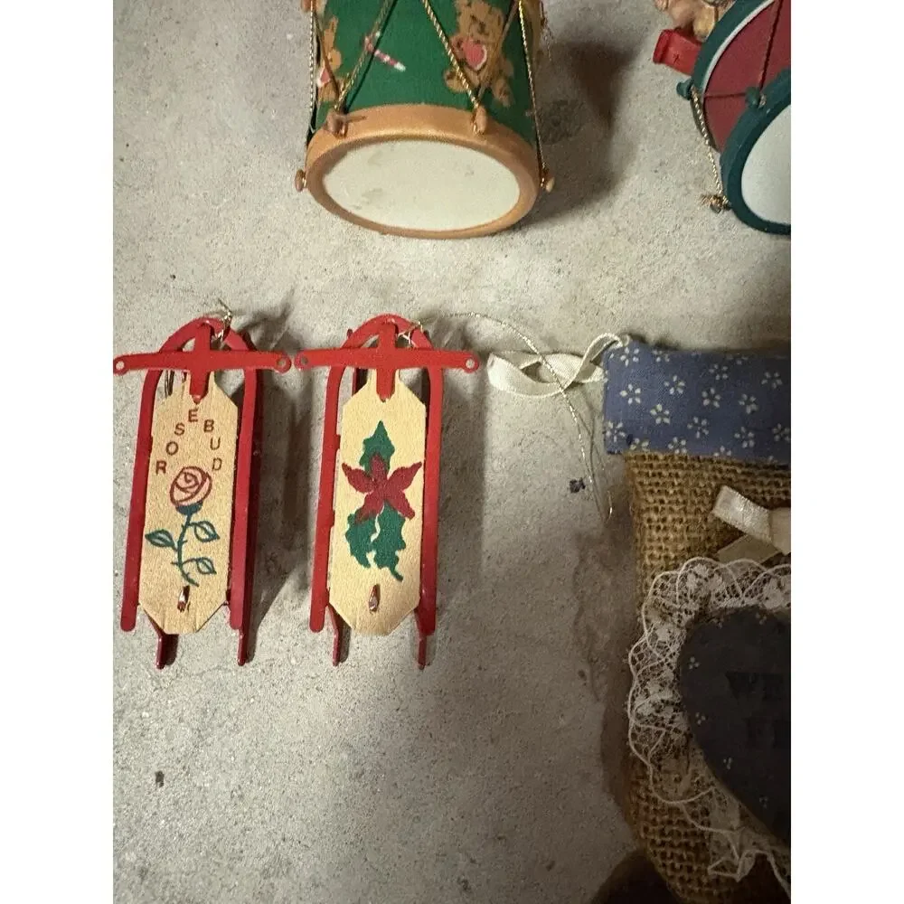 Vintage Wooden Christmas Ornaments Horns Bird Nest Baskets Brooms Stocking
